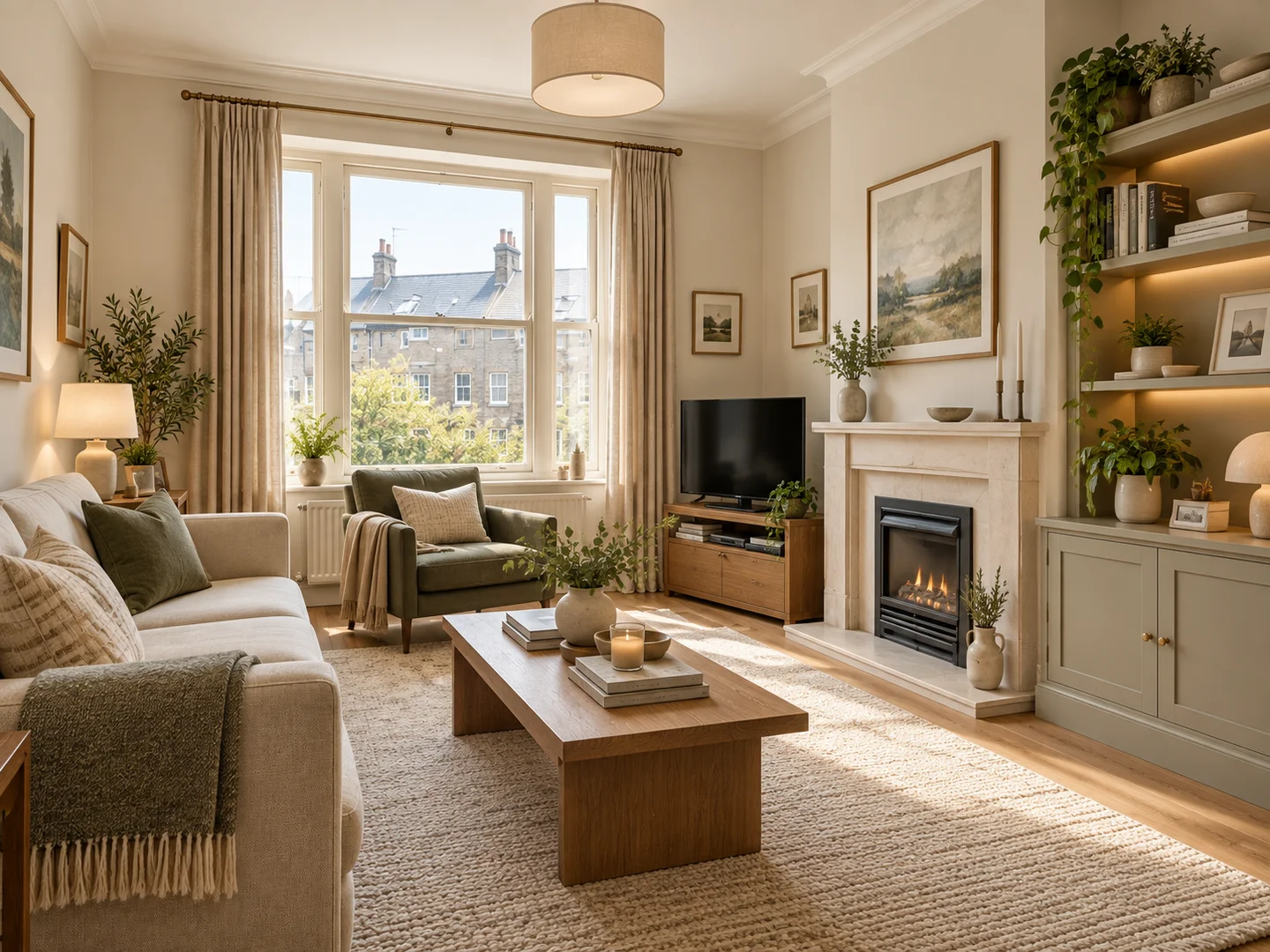 The same living room reimagined with warm neutral finishes, modern furniture and lighting