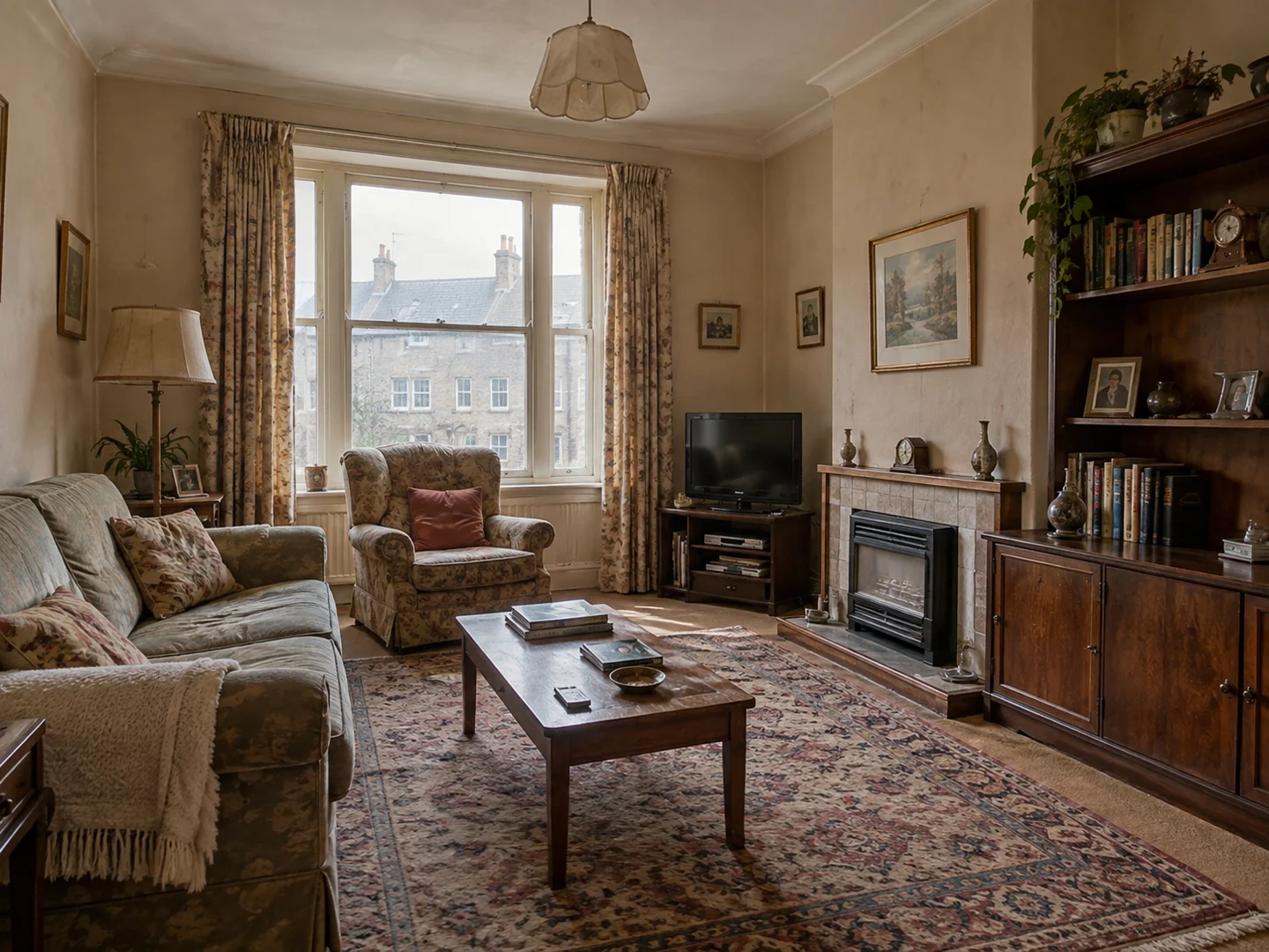 Original living room with worn paint, traditional furniture and dark shelving